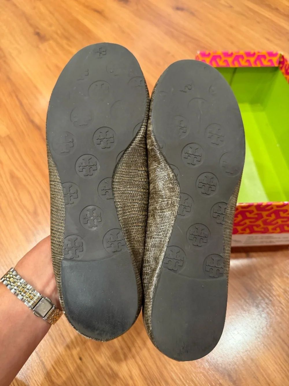 Tory Burch Reva Flats - size 7 - olive/gold; lizard print
